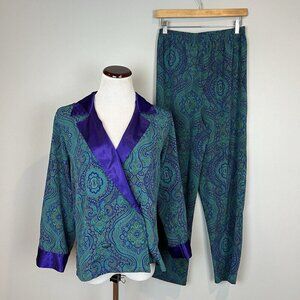 Vtg Victoria’s Secret Gold Label Pajama Set Green Purple Paisley Size XS
